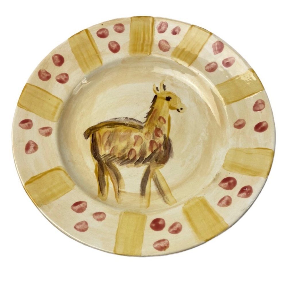 Vintage Folk Art Hand Painted Glazed Studio Pottery Llama Alpaca Plate 10.5"